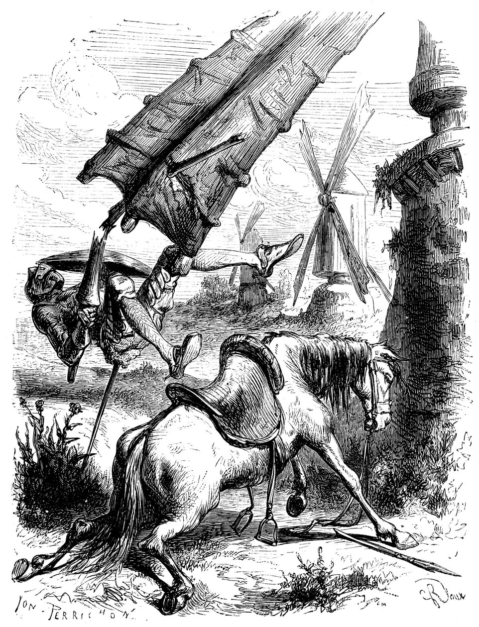 Taistelu tehtaita vastaan: Don Quijote ja Rossinante heitetään maahan myllyn siivellä. tekijältä George Roux