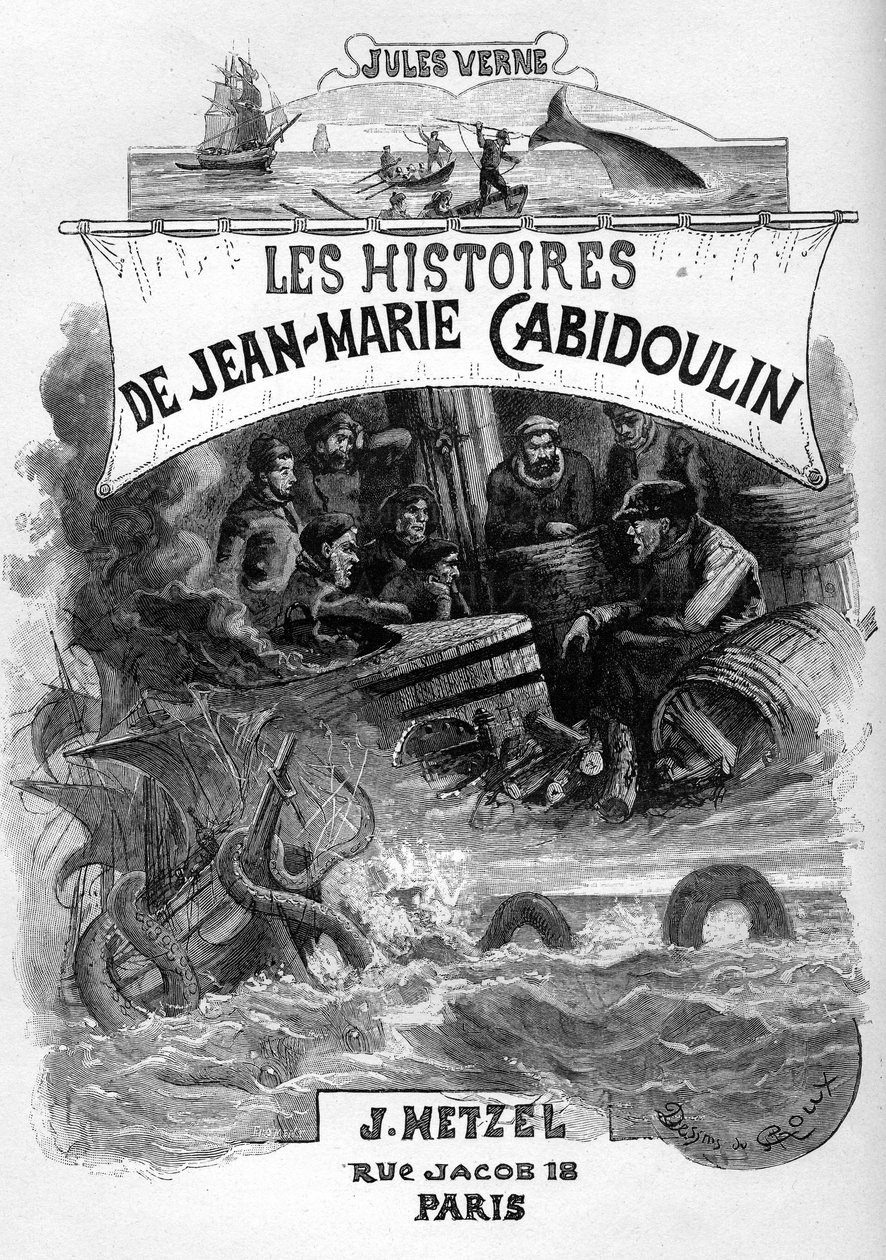Jules Vernen romaanin "Les histoires de Jean-Marie Cabidoulin" (1901) etusivun kuvitus, Hetzel Collection/Extraordiaires, kuvittaja George Roux. "Merikohtausten mieleen palauttaminen: valaan harppuunan ampuminen, merikäärmeen hyökkäys laivaa vastaan." tekijältä George Roux