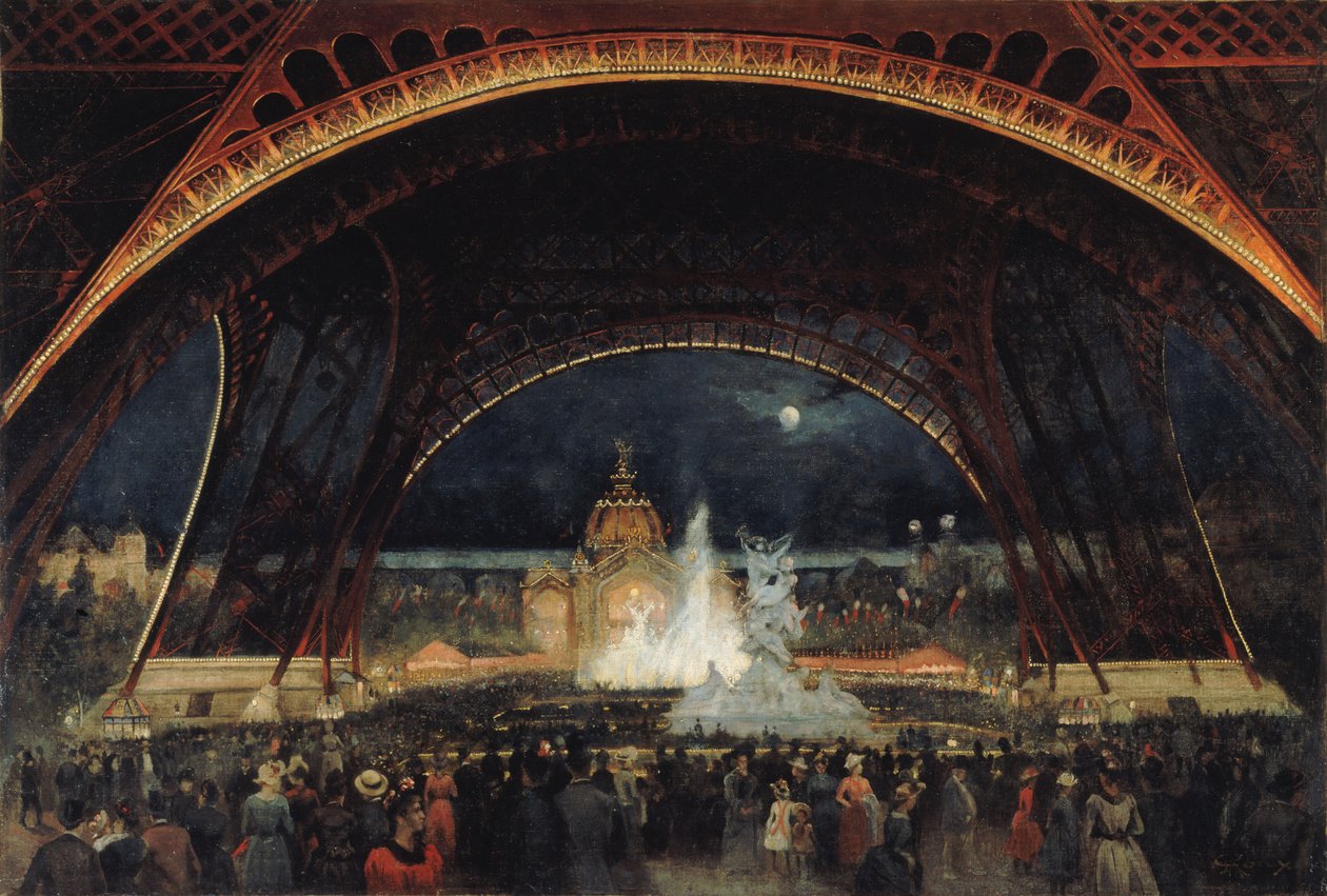 Yöjuhlat vuoden 1889 yleisnäyttelyssä Eiffel-tornin alla, n. 1889. tekijältä George Roux