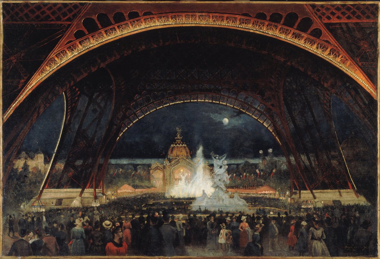 Yöjuhla vuoden 1889 maailmannäyttelyssä Eiffel-tornin alla, noin 1889 (öljy kankaalle). tekijältä George Roux
