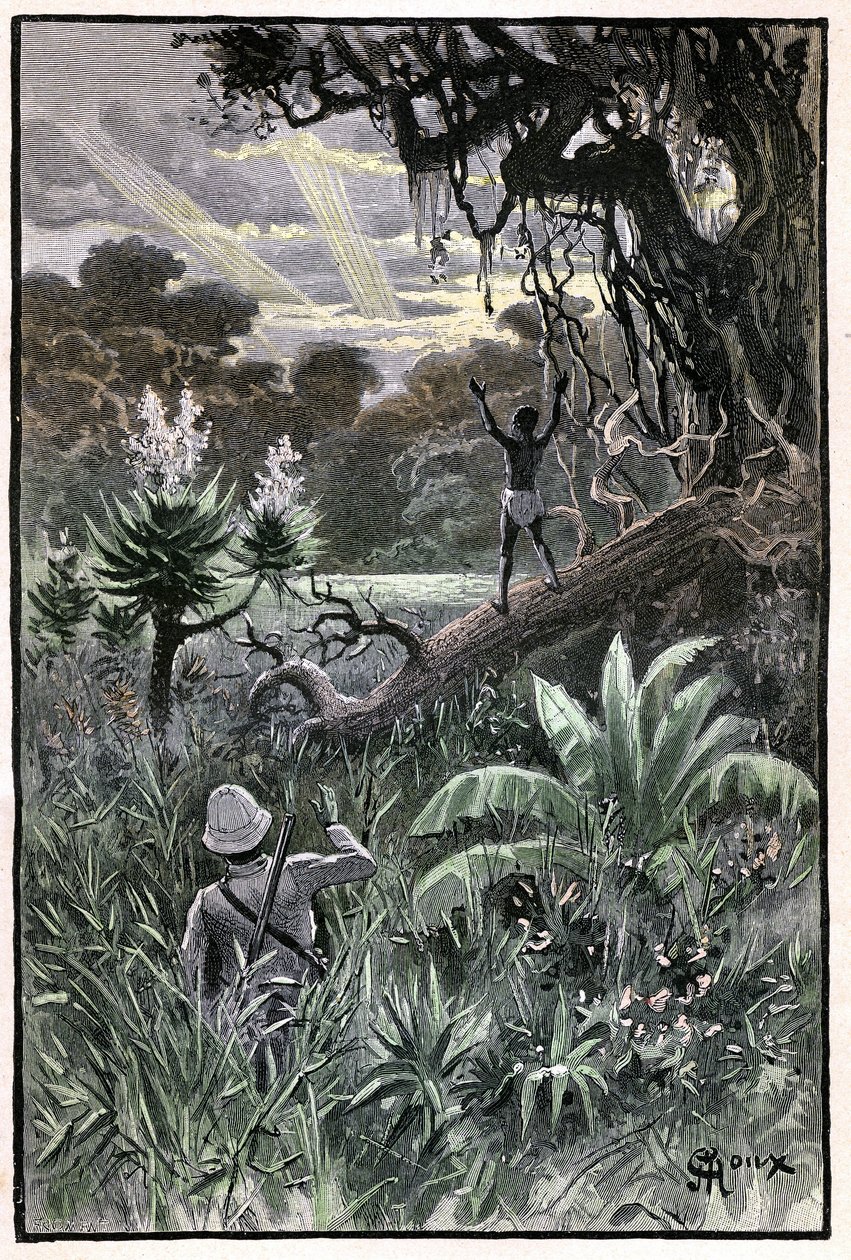 George Rouxin kuvitus Jules Vernen kirjaan "The Aerien Village" (1901), Hetzelin painos/Extraordinary Voyages, Known and Unknown Worlds. Näkymä afrikkalaiseen metsään (Kongo). tekijältä George Roux