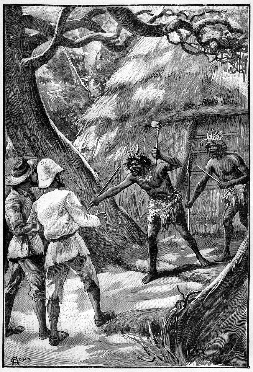 George Rouxin kuvitus Jules Vernen kirjaan The Aerien Village (1901), Hetzelin painos/Extraordinary Voyages, Known and Unknown Worlds. Kaksi Wagdiss Sentineliä uhkaa tutkimusmatkailijoita haarautuvilla aseillaan. tekijältä George Roux