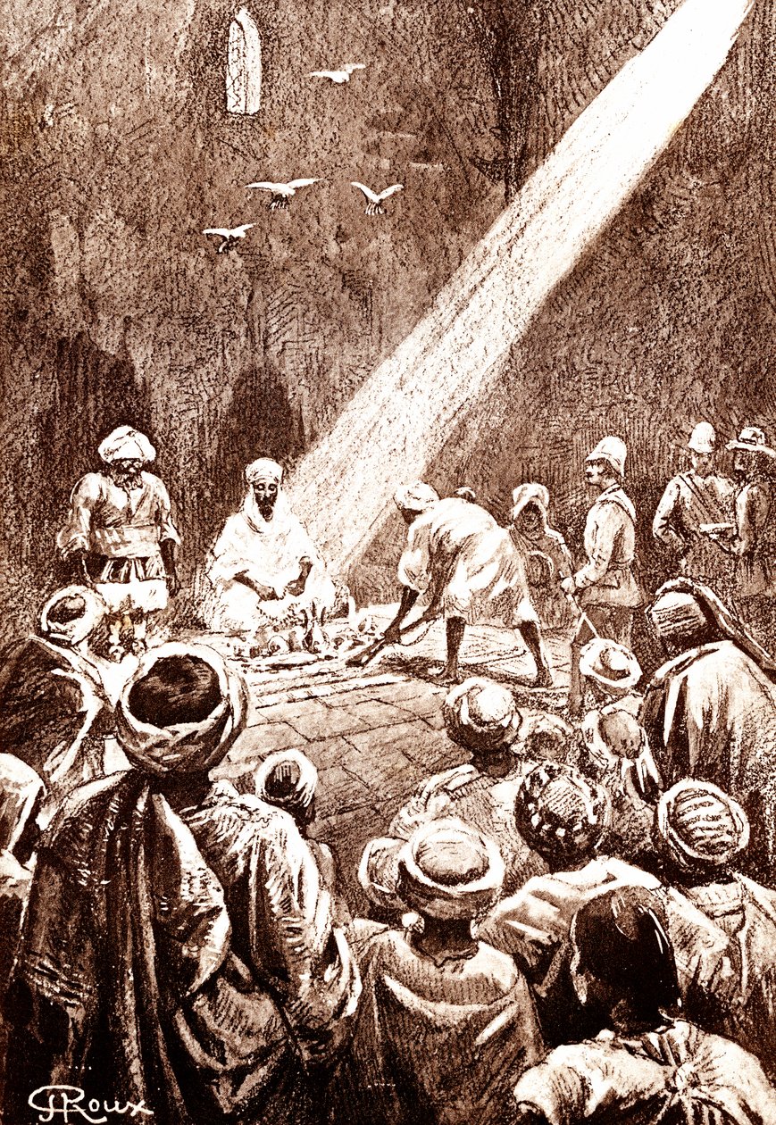 Nubian autiomaa. Pohjois-Sudanin heimo. 1888 (kaiverrus) tekijältä George Roux
