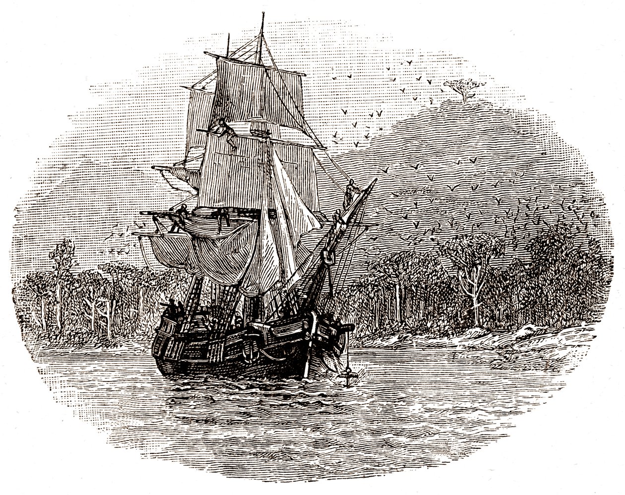Hispaniola ankkuroituu saaren edustalla. tekijältä George Roux