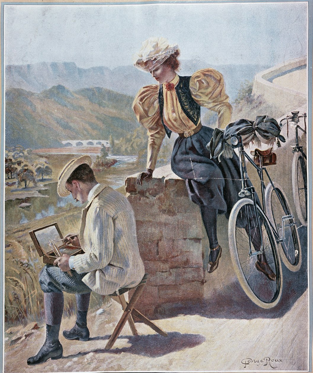 Akvarelli ja pyöräily - litografia Georges Roux, v.1900 tekijältä George Roux