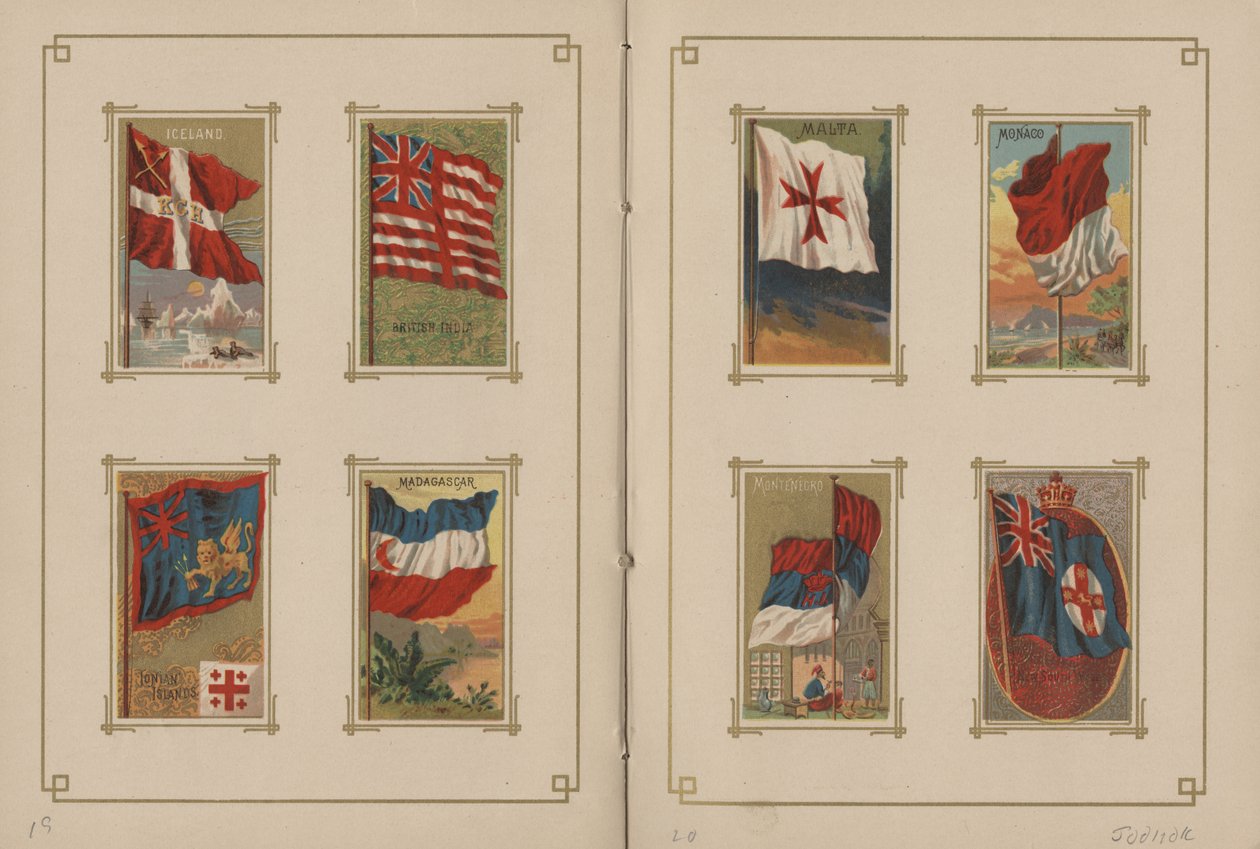 Kaikkien kansakuntien ja Amerikan yhdysvaltojen osavaltioiden ja alueiden liput - Sivut 19 ja 20, 1887 tekijältä George S. and Sons Harris