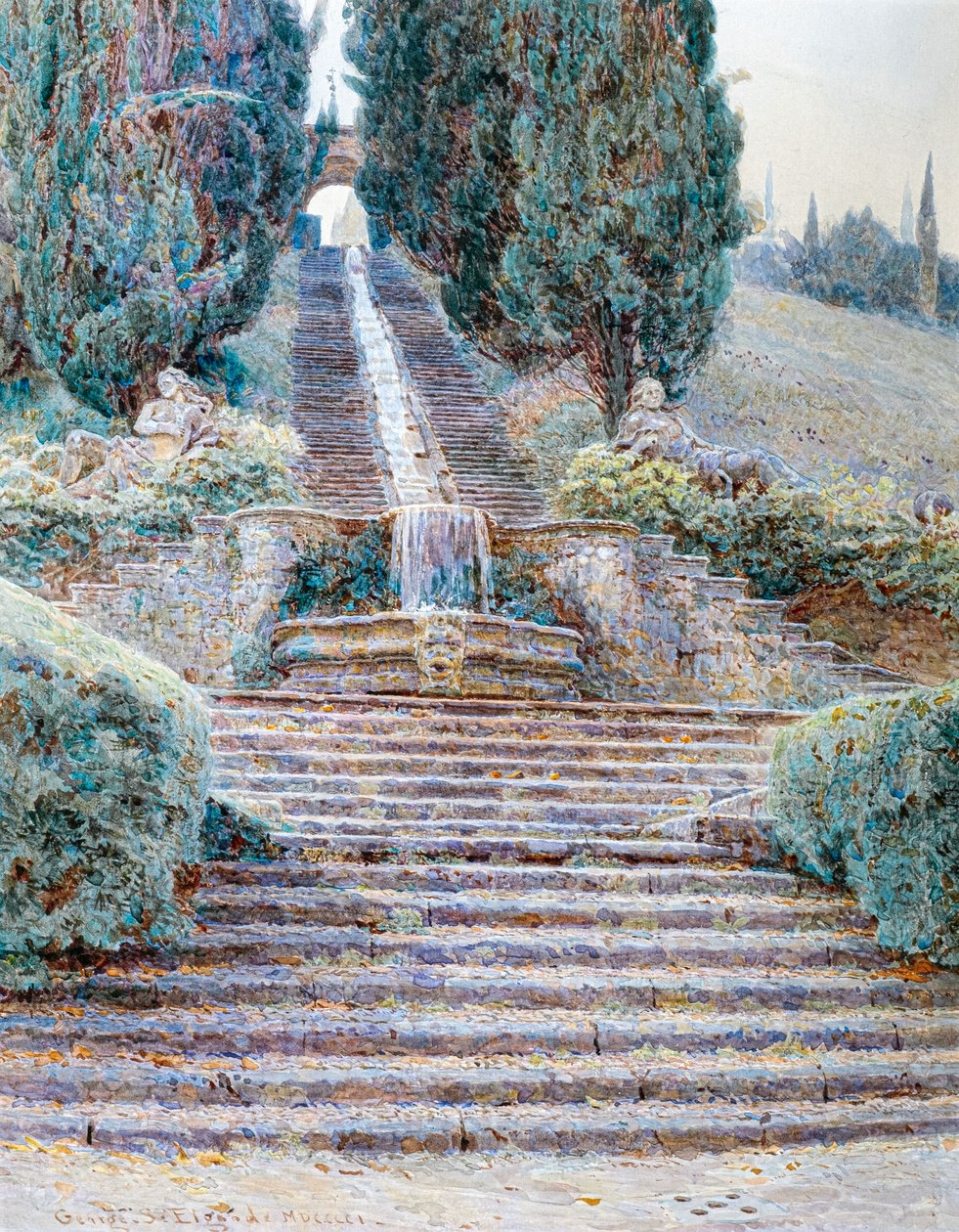 Cascade Villa Cicognassa, Italia 1901 (vesivärimaalaus) tekijältä George Samuel Elgood