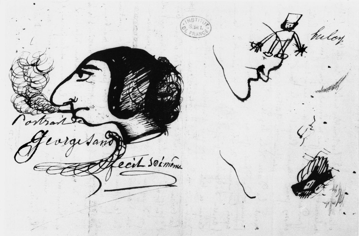 George Sand tupakointi (1804-76) on itse karikatuuroitu tekijältä George Sand
