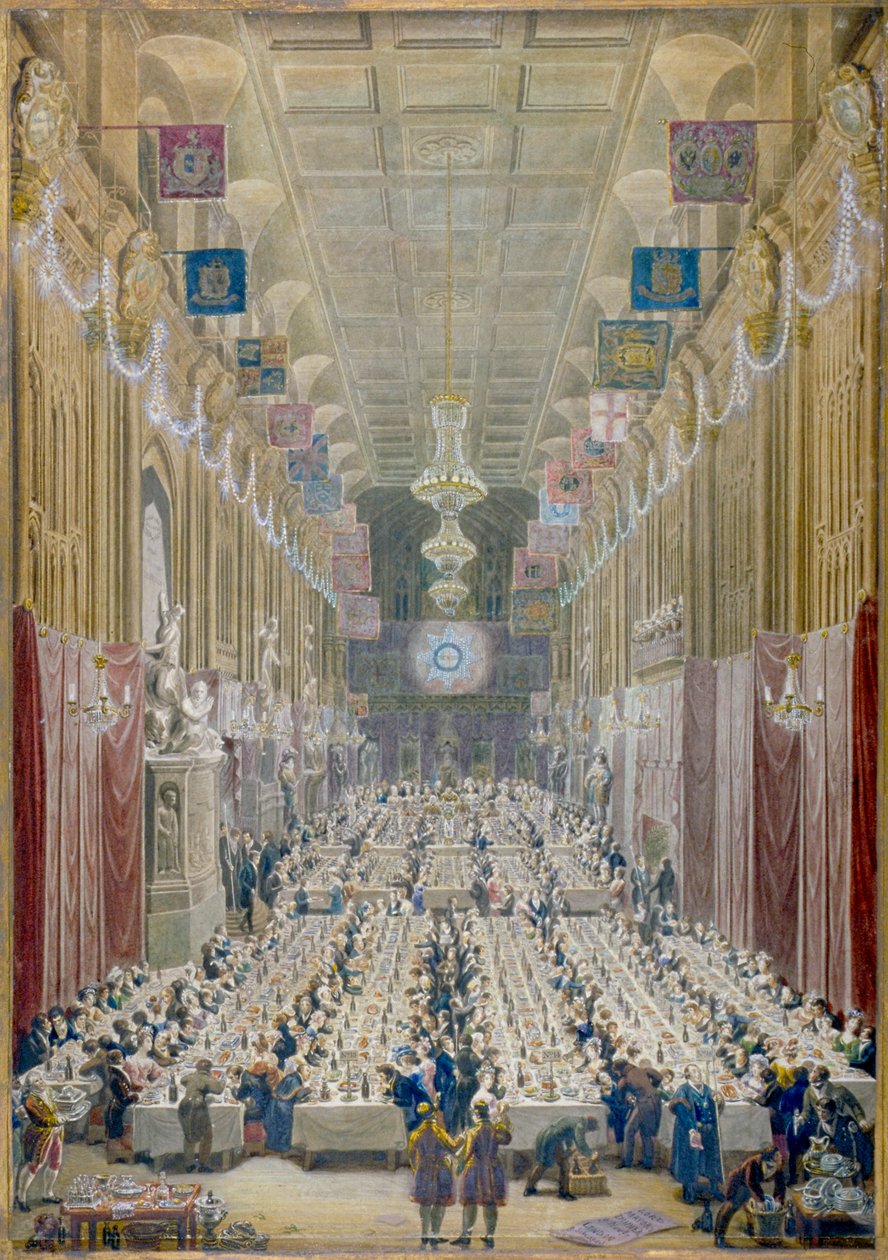 Näkymä Lord Mayorin illalliselle Guildhallissa, Lontoon Cityssä, 1828 tekijältä George Scharf