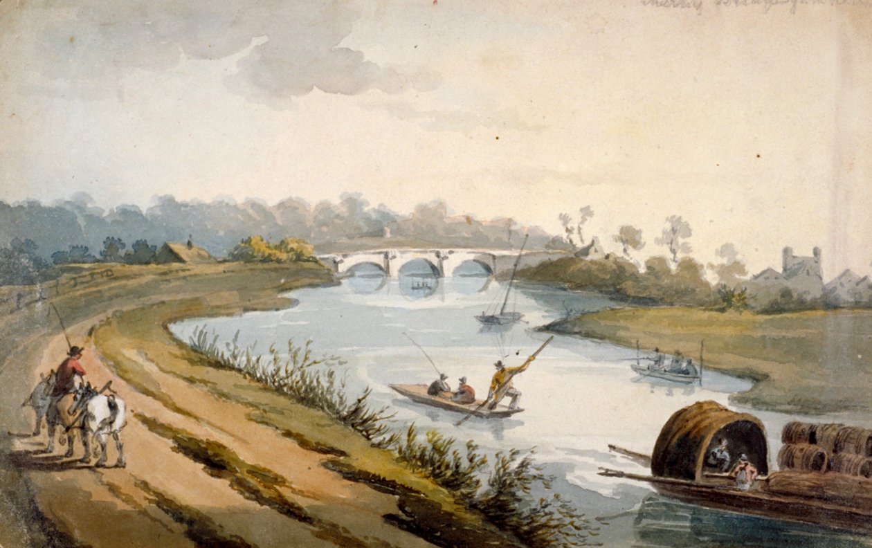 Thames-joki lähellä Chertseyä, Surrey, vuodelta 1820 tekijältä George Shepheard