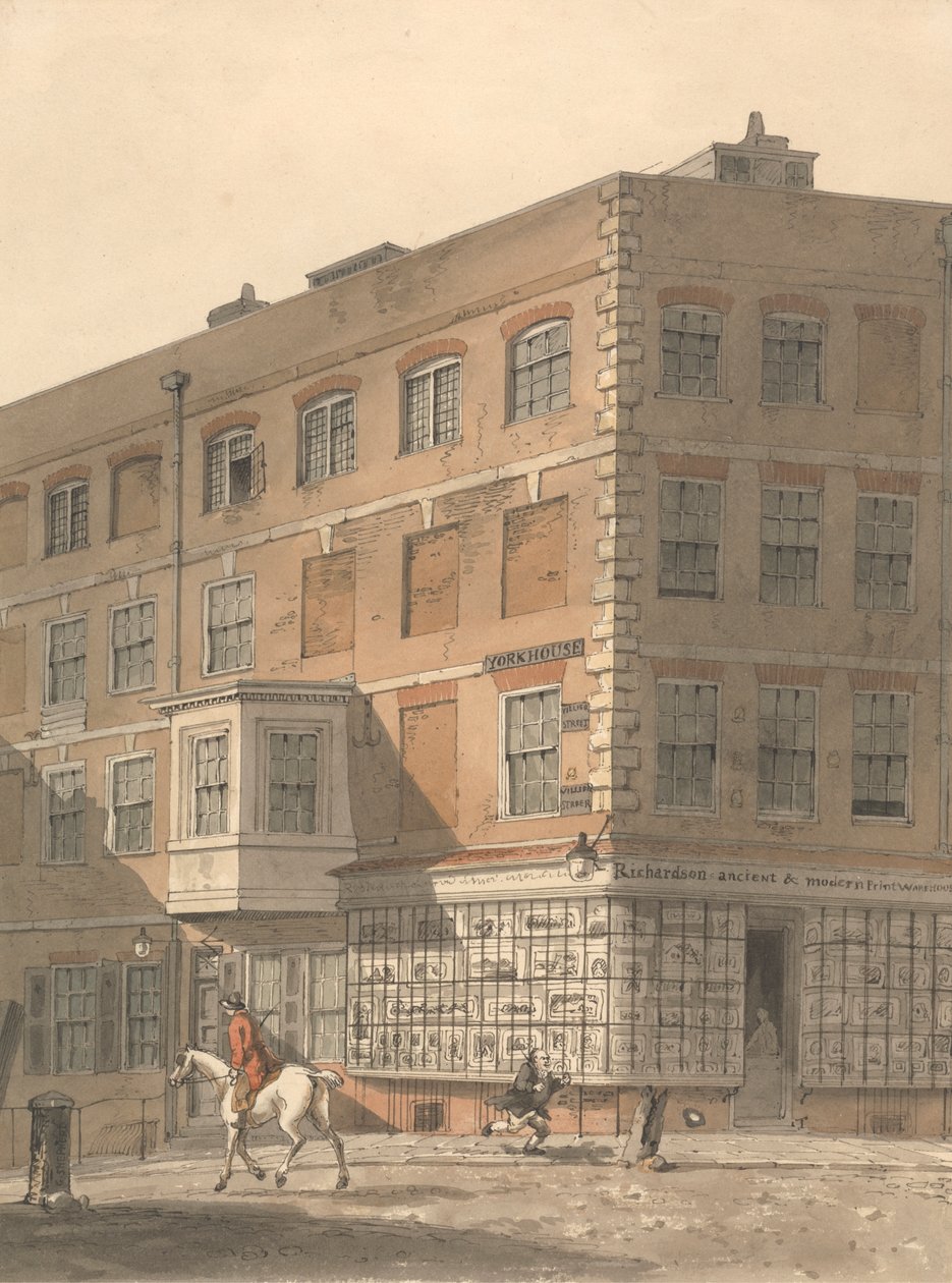York House, na esquina da Villiers Street com a Strand, com o Antigo e Moderno Armazém de Impressões de Richardson em primeiro plano finlandês tekijältä George Shepheard