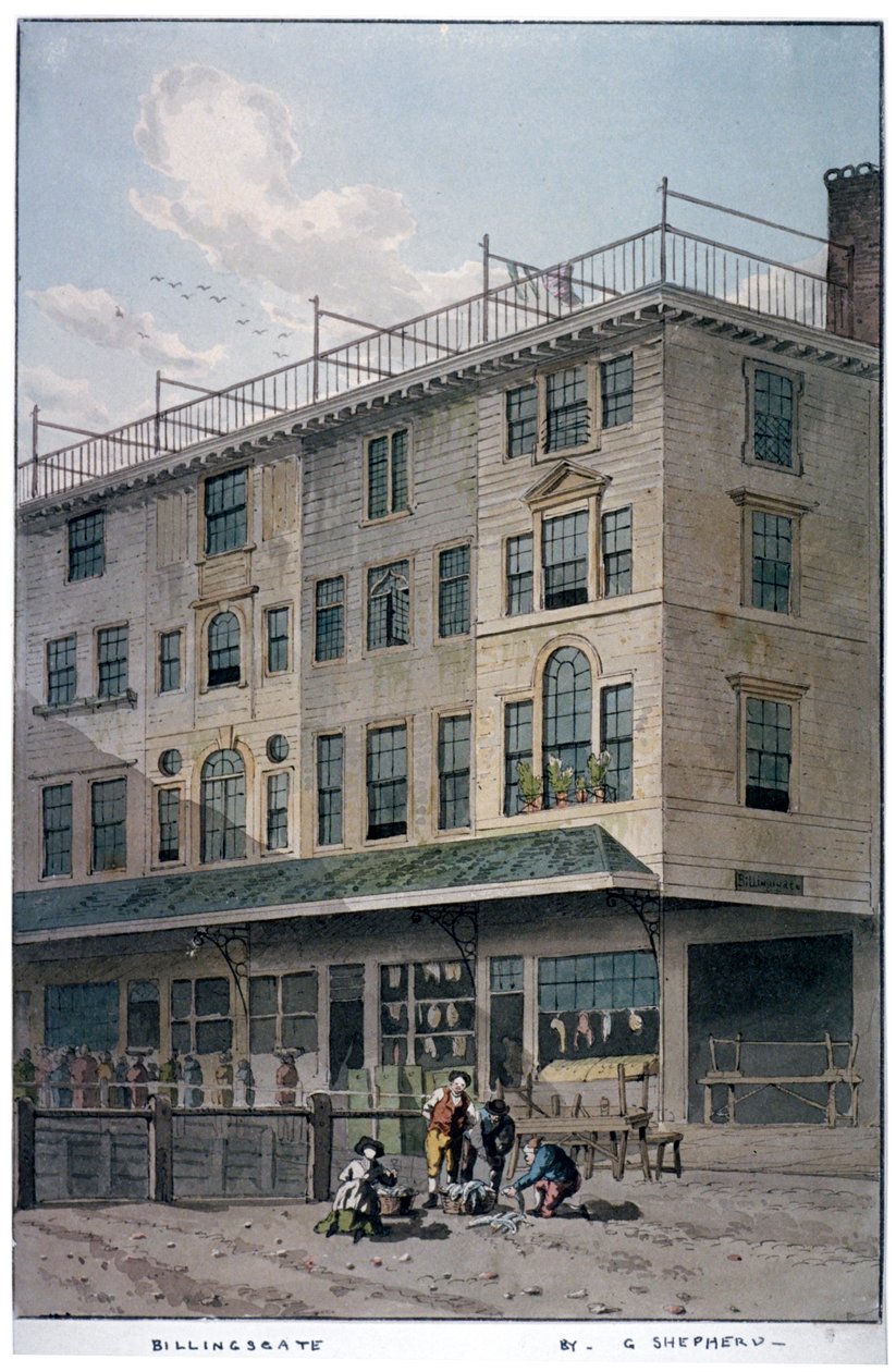 Billingsgate Market, Lontoon kaupunki, 1810. tekijältä George Shepherd