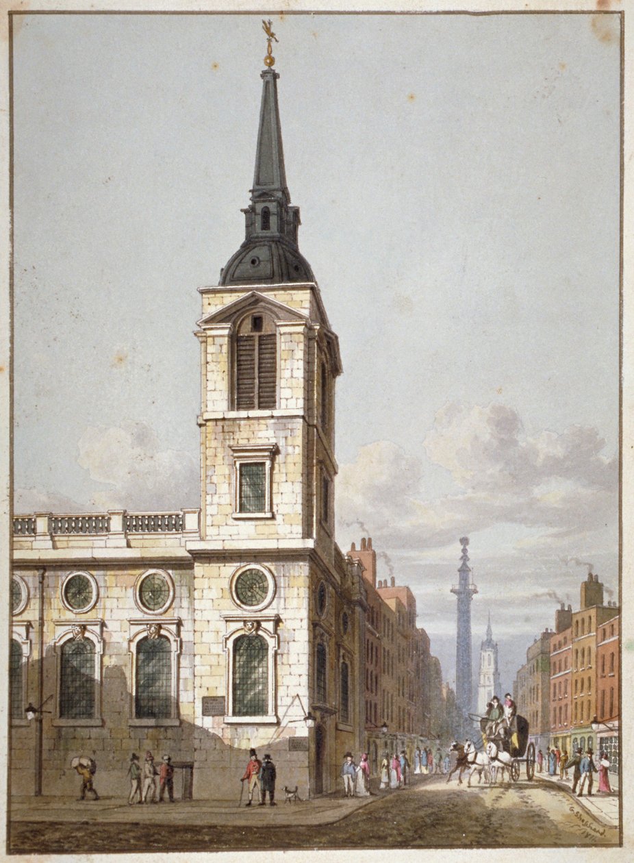 St Benet Gracechurchin kirkko ja Gracechurch Street, Lontoon kaupunki, 1811 tekijältä George Shepherd