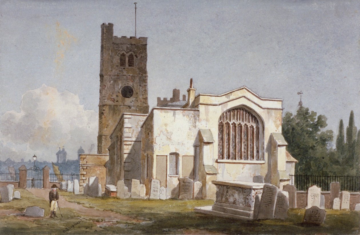 Pyhän Marian kirkko Lambethissa, Lontoossa, vuonna 1810 tekijältä George Shepherd