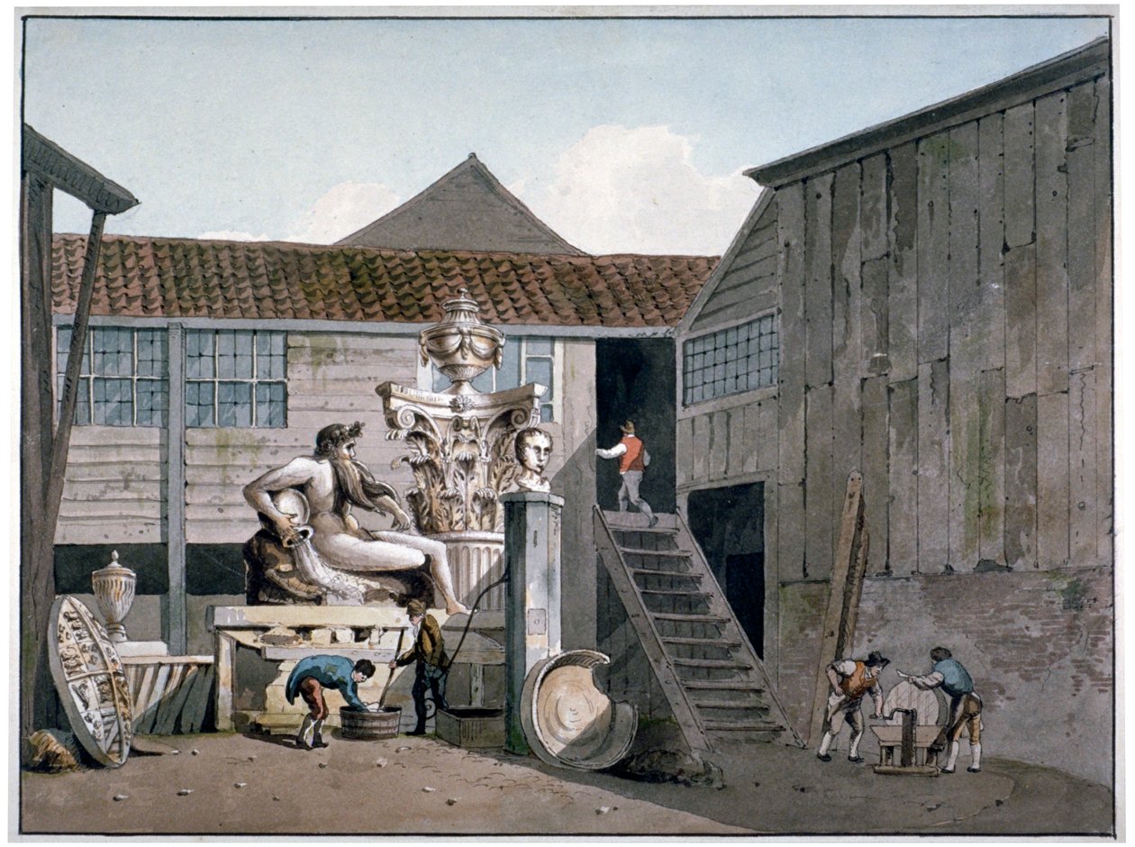 Coade Stonen tehdaspiha Narrow Wall Streetillä, Lambeth, Lontoo, c1800. tekijältä George Shepherd