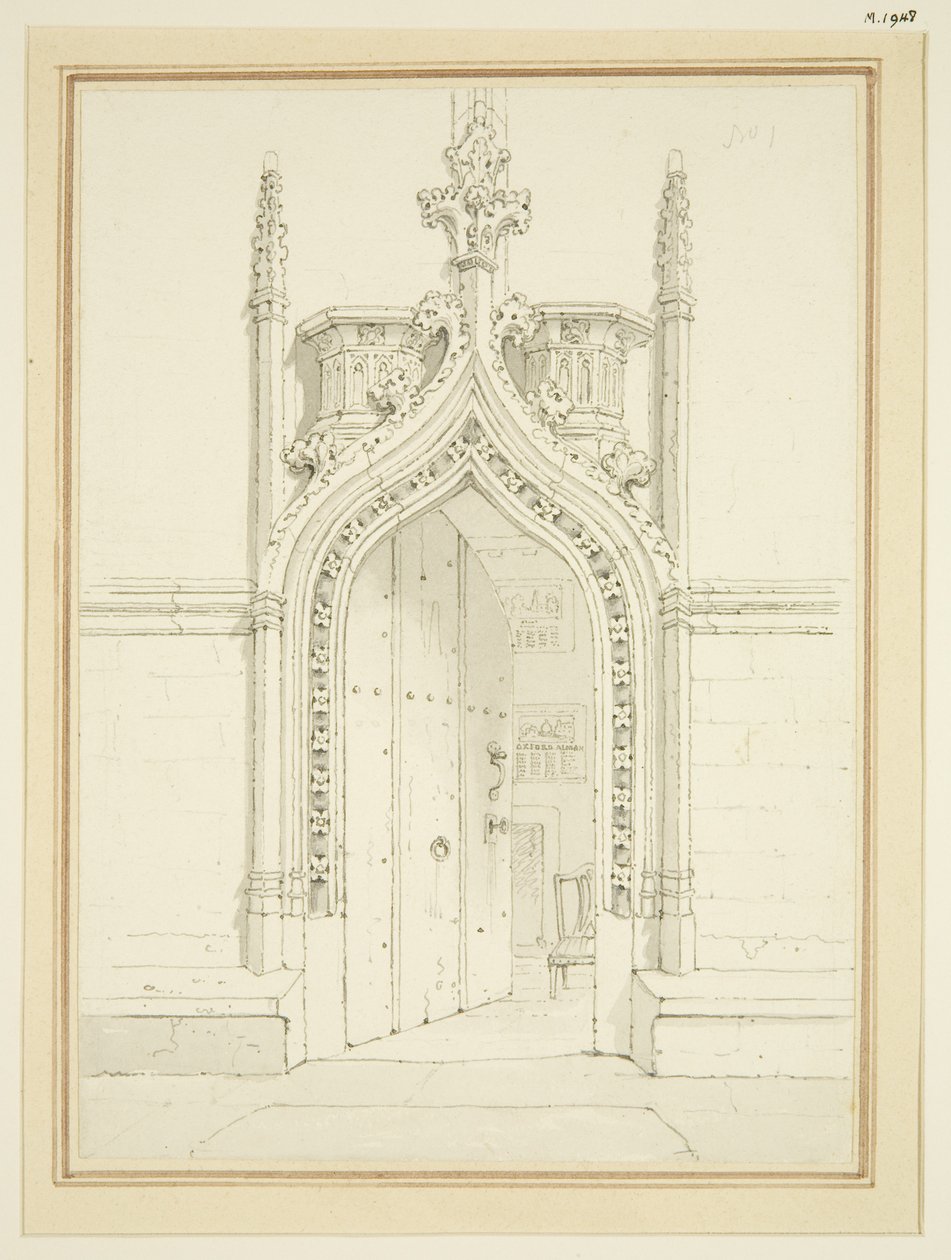 St Mary Redcliffe -huoneen oviaukko, n. 1812 (kynä ja akvarelli paperille) tekijältä George Shepherd