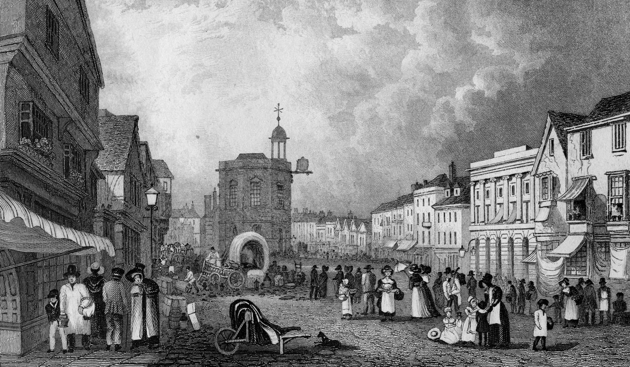 High Street, Maidstone, A Market Day, kaivertanut S. Lacey, julkaistu 1832 tekijältä George Shepherd