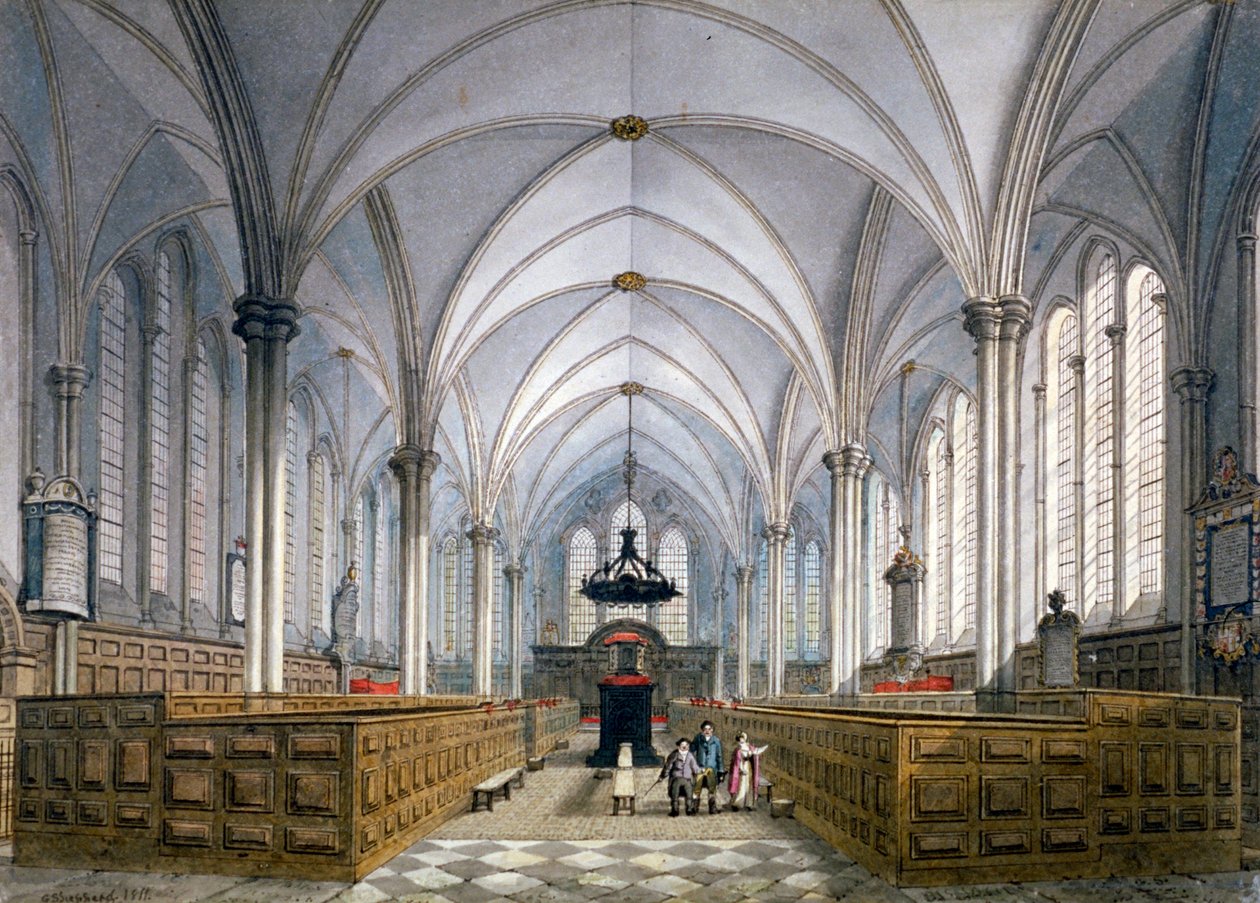Temple Churchin sisäkuva Lontoossa, 1811. tekijältä George Shepherd