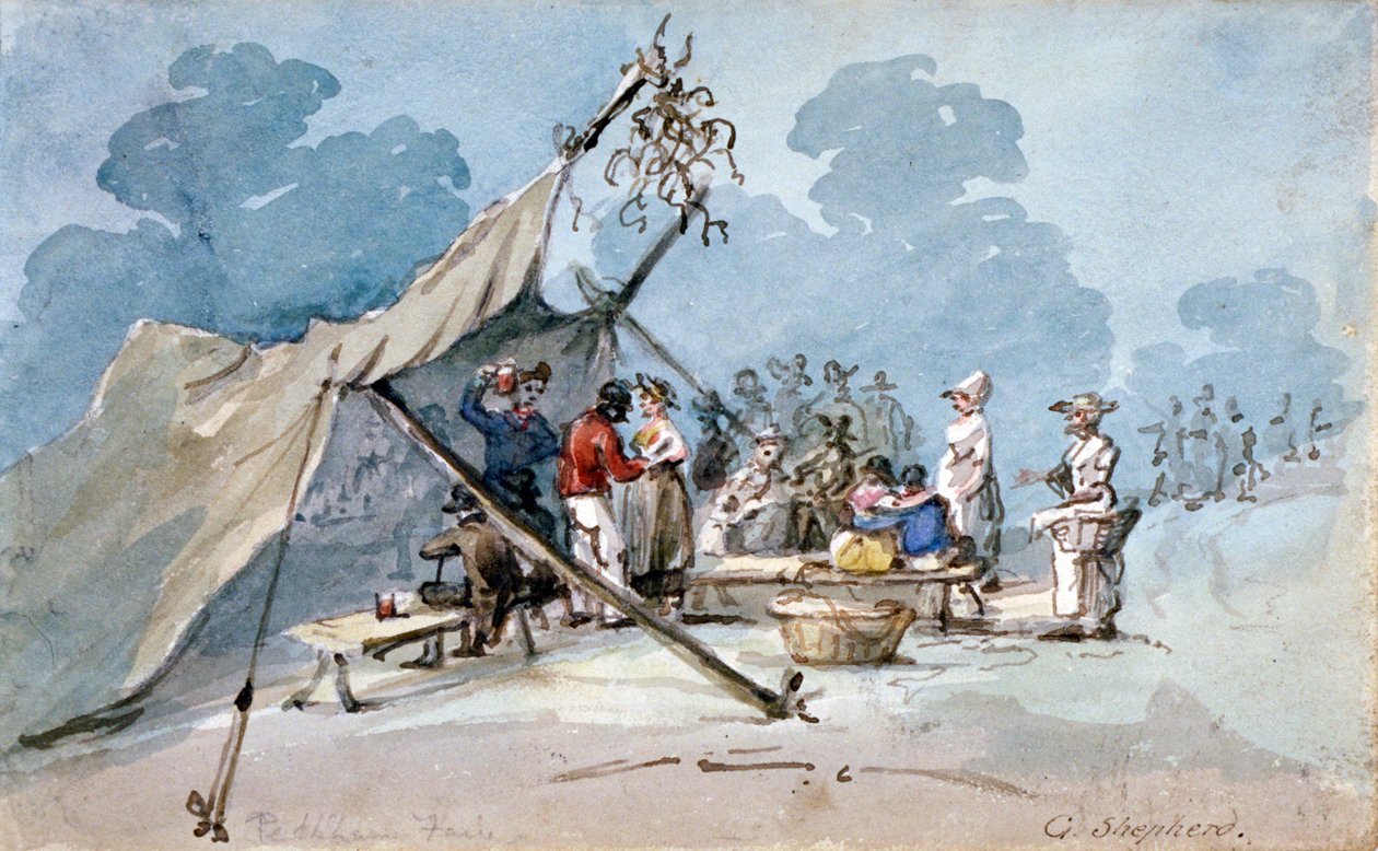 Näkymä ihmisistä, jotka osallistuvat Peckham Fairiin, Lontooseen, c1820 tekijältä George Shepherd