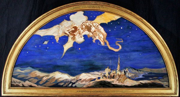 The Dragon Passing Over Travelers (vesiväri vartalovärillä ja kulta silkillä) tekijältä George Sheringham