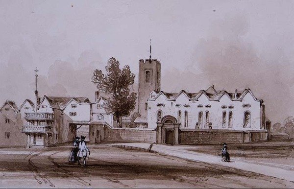 Highgate School and Chapel, n. 1840 (pesupiirustus seepiamusteella) tekijältä George Sidney Shepherd