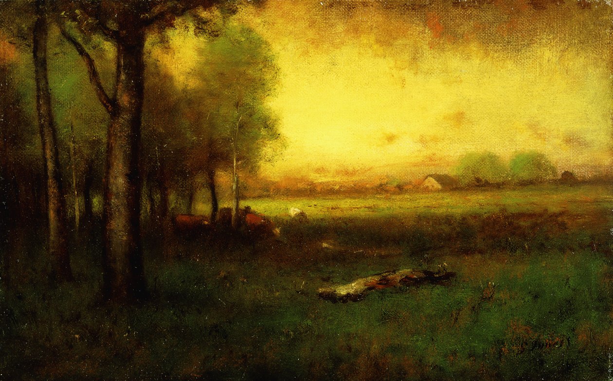 Lehmät laiduntavat auringonlaskun aikaan, tekijältä George Snr. Inness