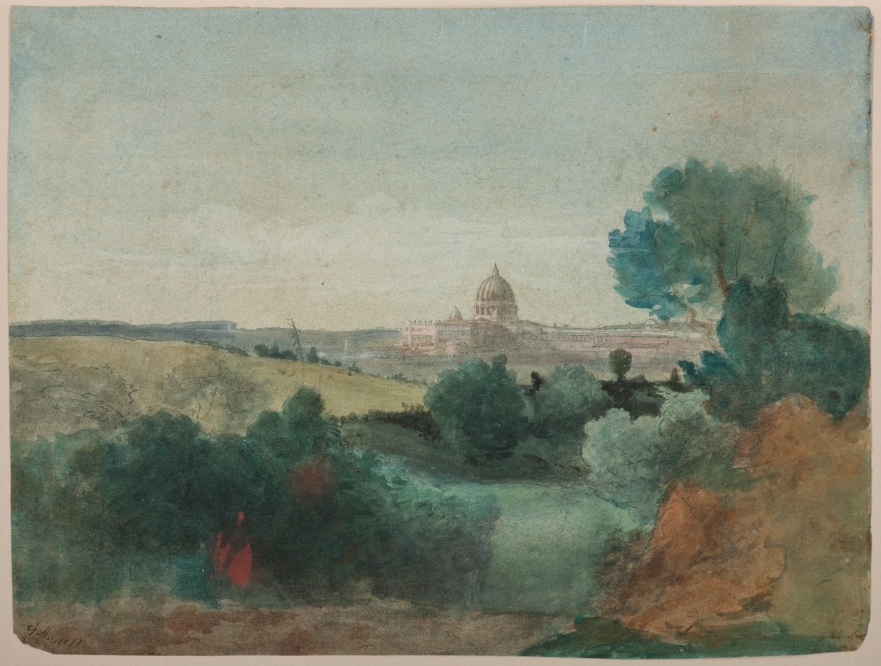 Saint Peters nähtynä Campagnasta, n. 1850 (wc kynällä paperilla) tekijältä George Snr. Inness