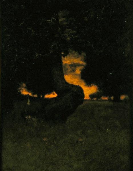Auringonlasku, n. 1889 (öljy aluksella) tekijältä George Snr. Inness