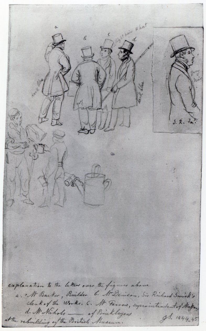 Rakentajat ja maanmittaajat British Museumin jälleenrakennuksessa, 1844 (kynä paperille) tekijältä George Snr Scharf