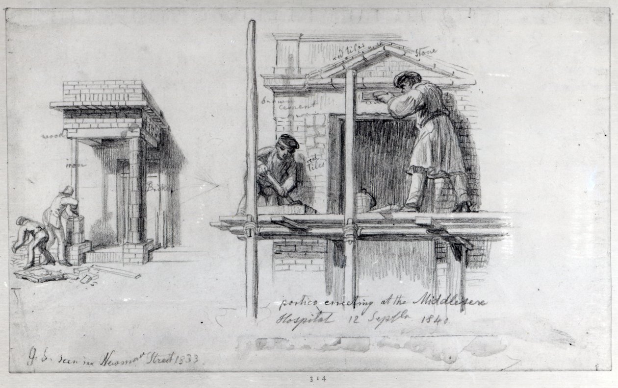 Porticojen pystyttäminen Newham Streetille ja Middlesexin sairaalaan Lontoossa, 1833 ja 1840 tekijältä George Snr Scharf