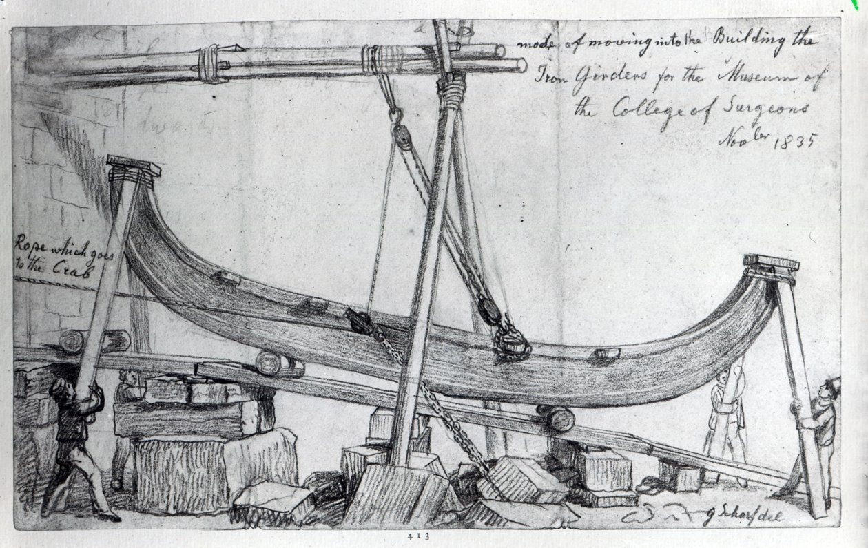 Hunterian-museon rakentamiseen käytettyjen rautapalkkien siirtäminen Royal College of Surgeonsissa, 1835 tekijältä George Snr Scharf