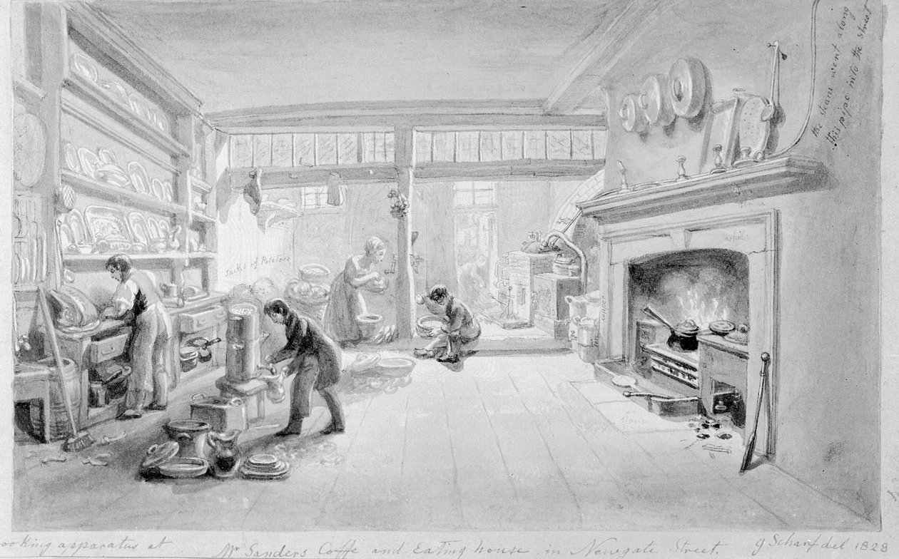 Mr. Sanderin kahvi- ja ruokatalon keittiö, Newgate Street, 1828 tekijältä George Snr Scharf
