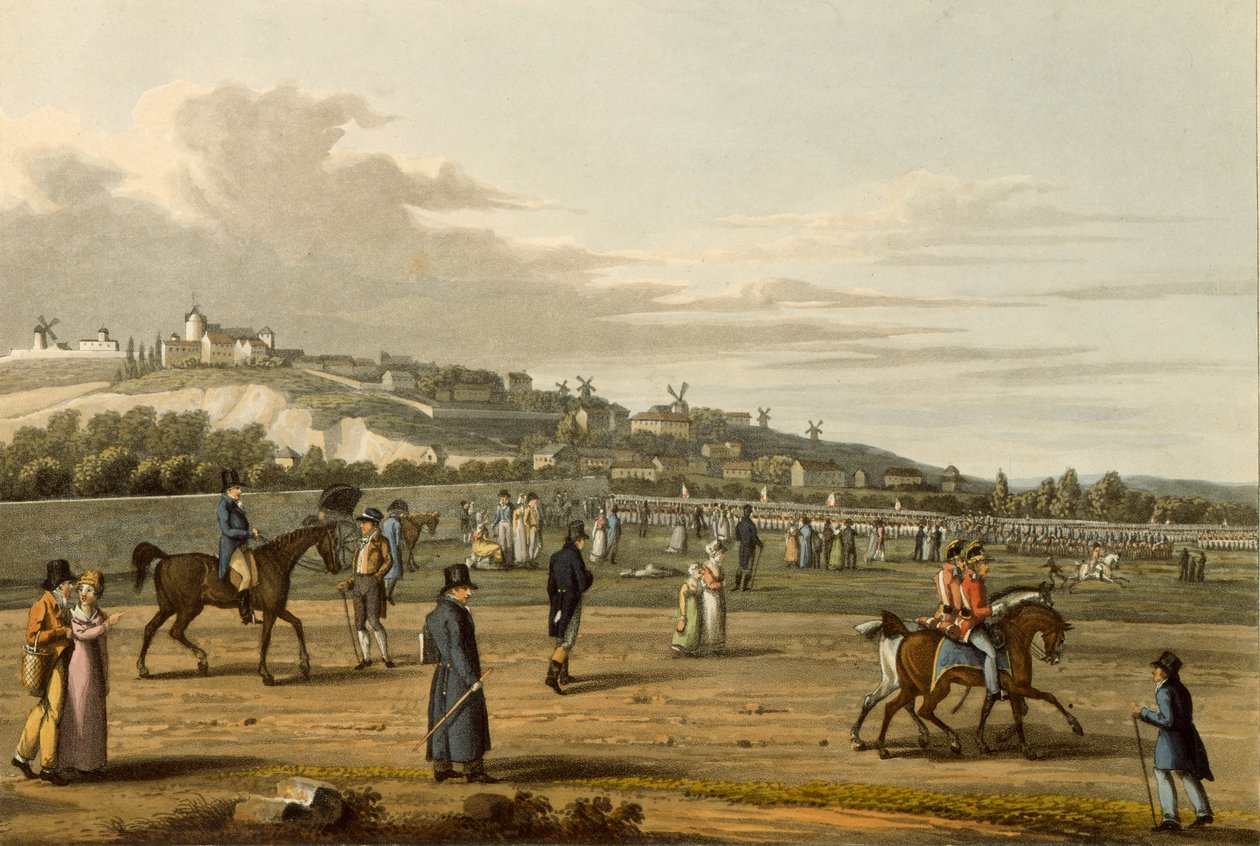 Wellingtonin herttuan katsaus Englannin joukkoihin Montmartressa, 21. lokakuuta 1815, kaiverrus M. Dubourg, 1817 tekijältä George Snr after Scharf