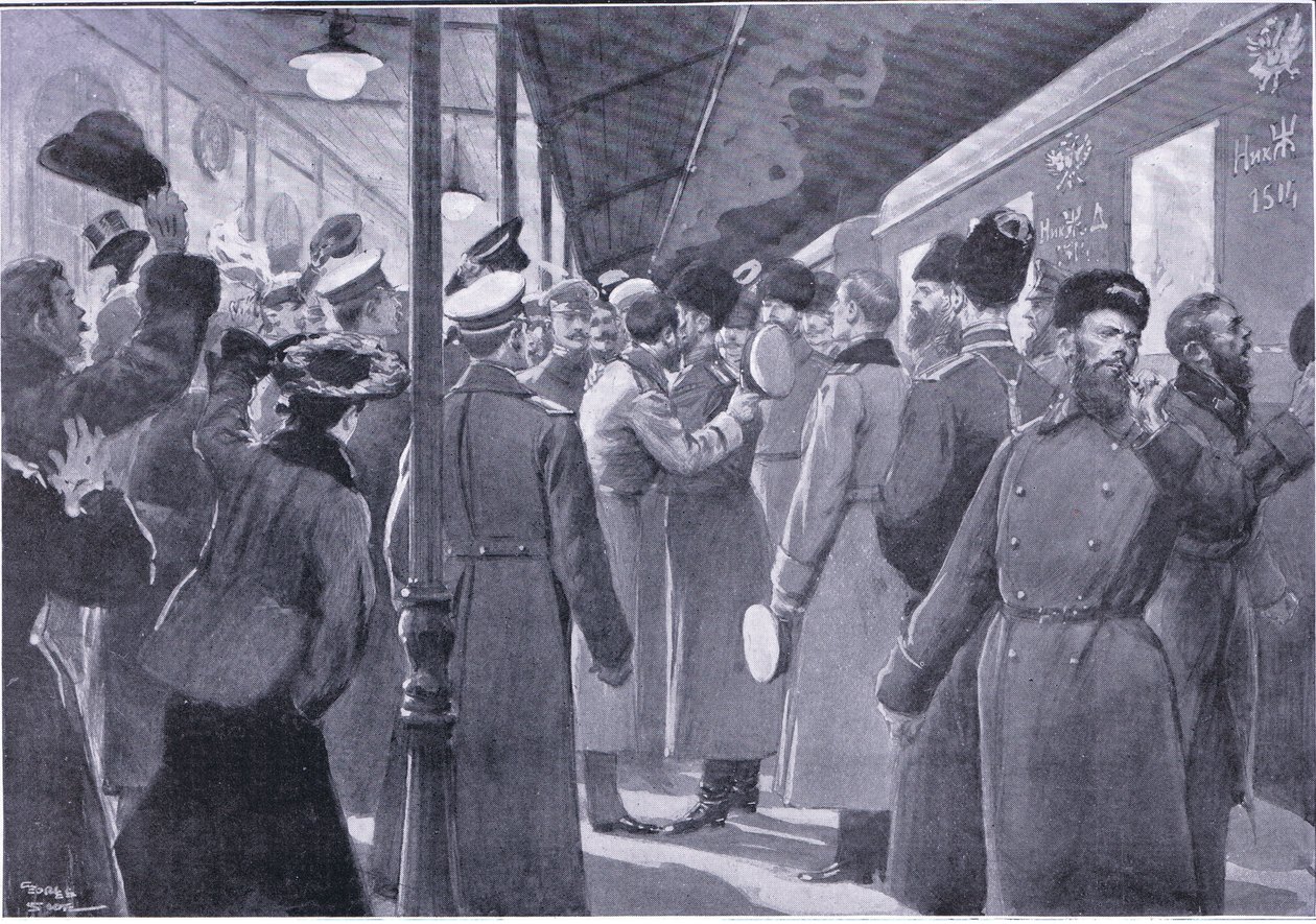 Keisarillisen kaartin upseereille jäähyväiset tsaari, kuva Cassellsin Venäjän ja Japanin sodan historiasta, osa 1, n. 1900 tekijältä George Soper