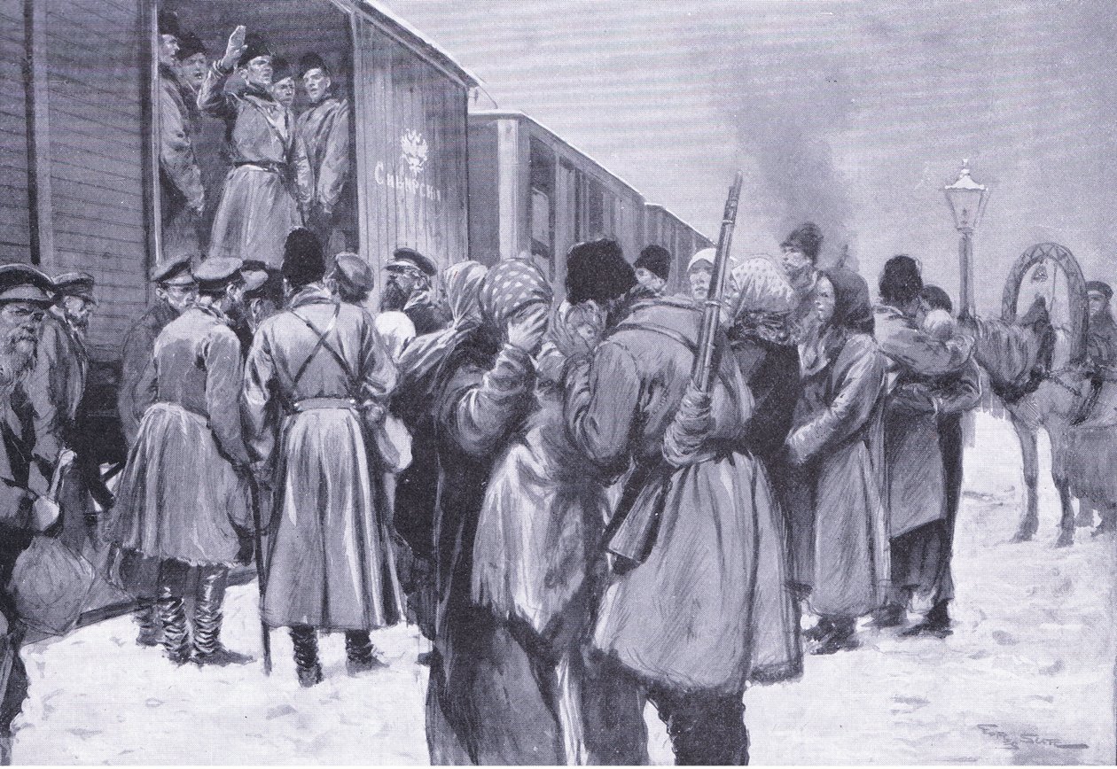 Venäläisten joukkojen lähtö Kaukoitään, kuva Cassellsista Venäjän ja Japanin sodan historia, osa 1, n. 1900 tekijältä George Soper
