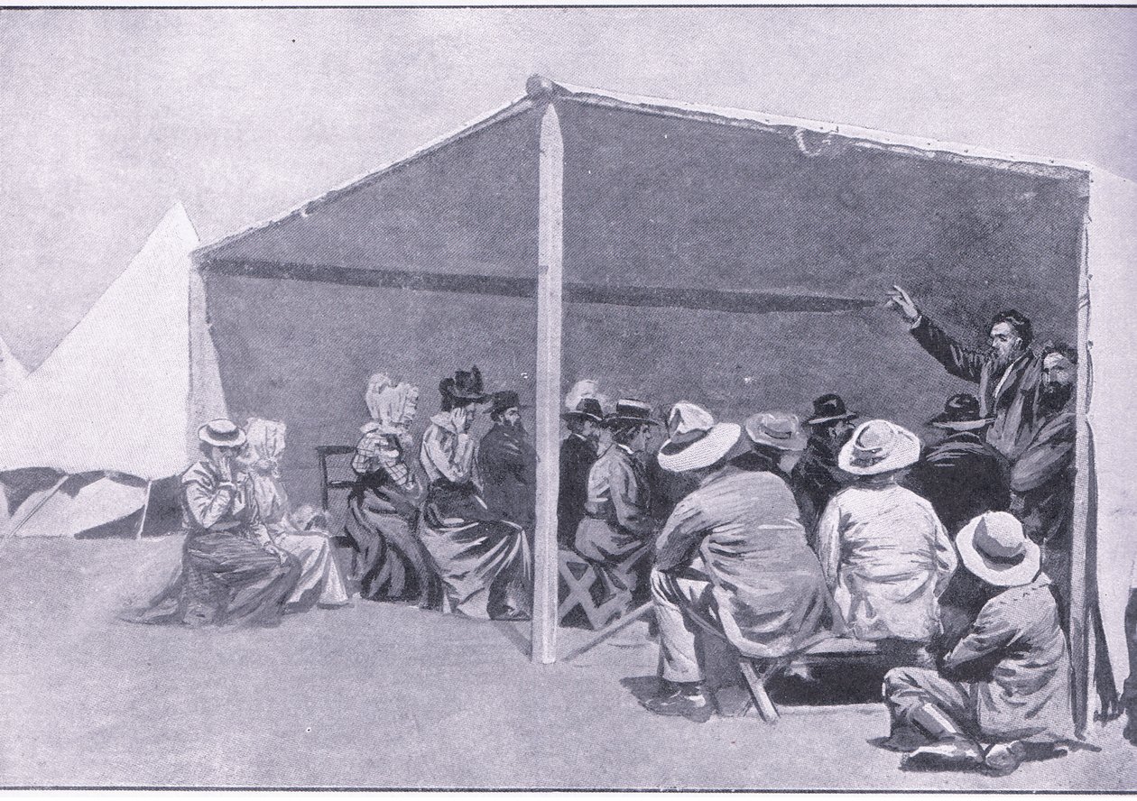 Jumalanpalvelus buurien pakolaisleirillä, teoksesta After Pretoria: The Guerilla War, jonka on julkaissut Harmsworth Bros Limited, 1901. tekijältä George Soper