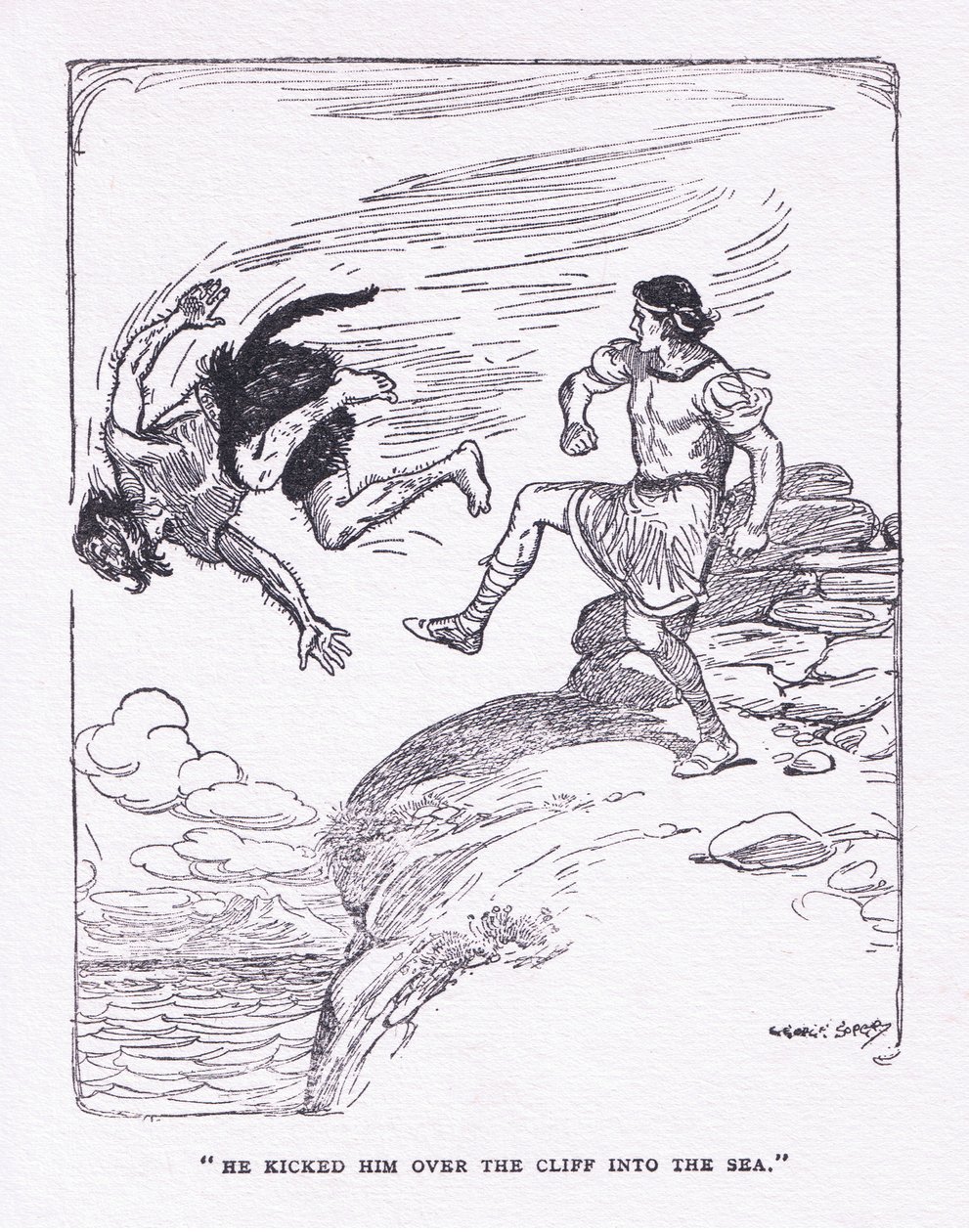 Hän potkaisi hänet meren kallion yli George Allenin ja Unwinin julkaisemasta The Heroesista 1929 (värilitho) tekijältä George Soper