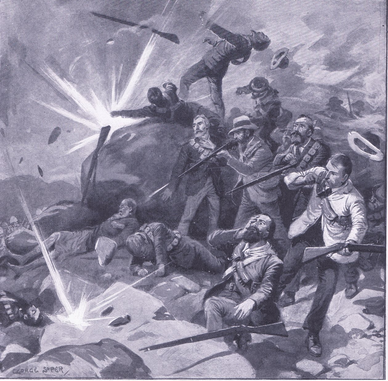 Johannesburgin poliisin viimeinen seisontapaikka Bergendalissa, kuva Pretorian jälkeen: Sissisota, 1902 tekijältä George Soper