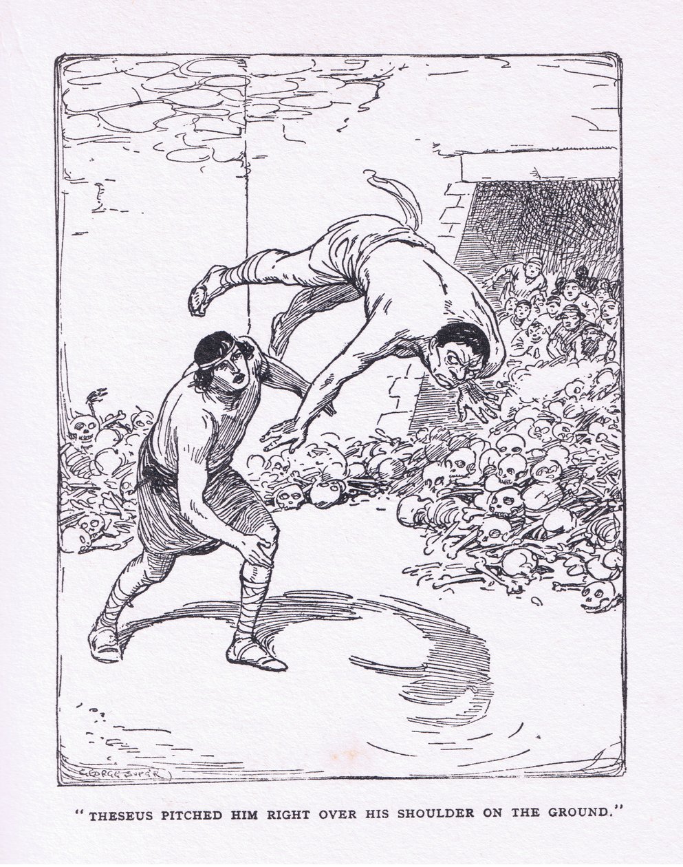 Meri heitti hänet suoraan olkapäänsä yli maahan, George Allen and Unwinin 1929 julkaisemasta The Heroes -teoksesta. tekijältä George Soper