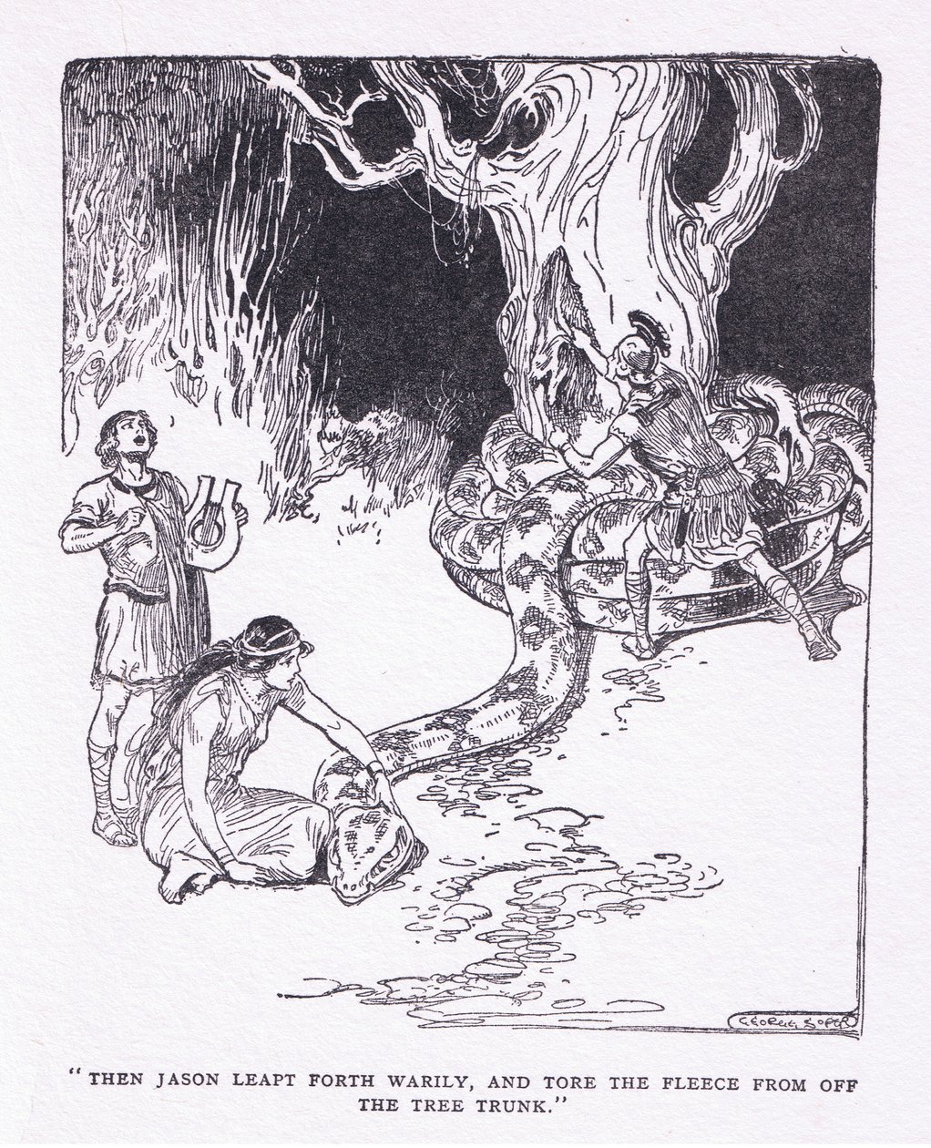 Sitten Jason hyppäsi ulos väsyneenä ja repäisi fleecen puunrungosta George Allenin ja Unwinin 1929 julkaisemasta The Heroesista (litho) tekijältä George Soper