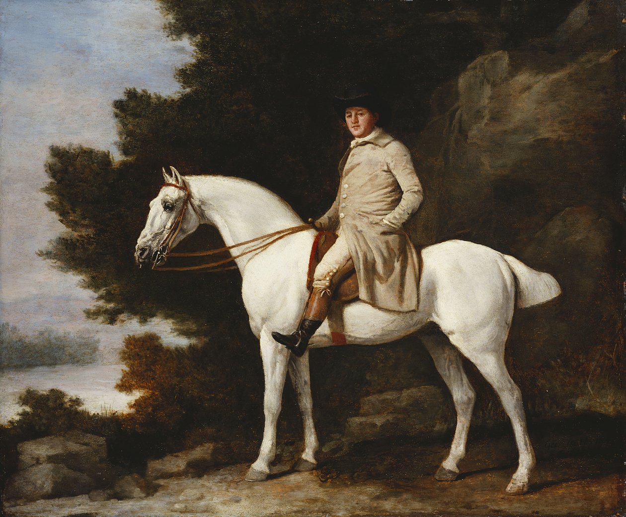 Herrasmies harmaalla hevosella kivikkoisessa metsämaisemassa, 1781 tekijältä George Stubbs