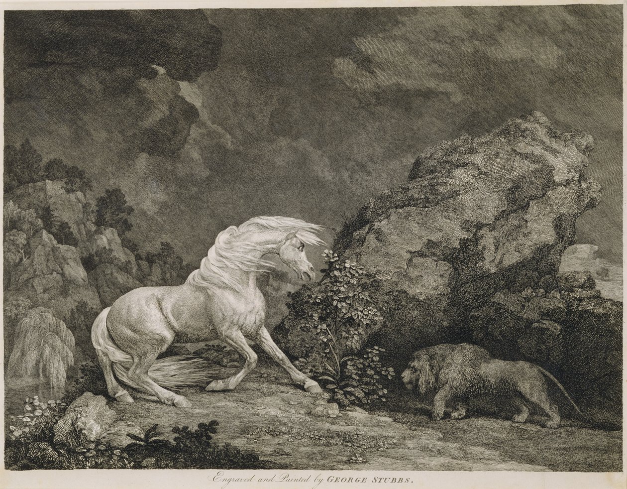 Leijonan pelästynyt hevonen, taiteilijan kaivertama tekijältä George Stubbs