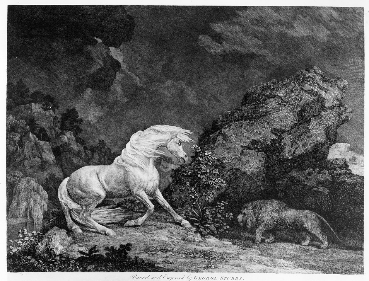 Leijonan pelästynyt hevonen, taiteilijan kaivertama, 1777 tekijältä George Stubbs