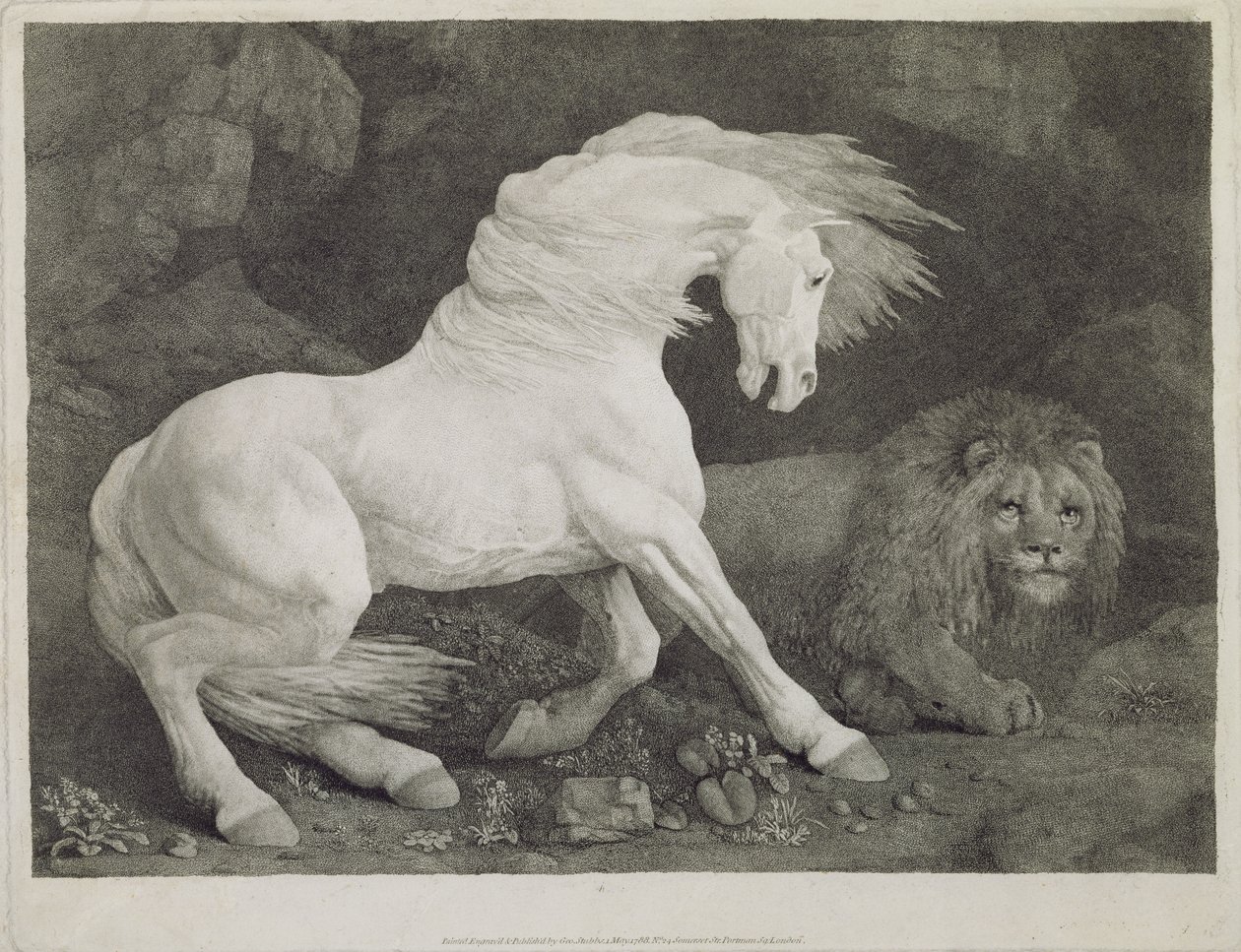 Leijonan pelästynyt hevonen, taiteilijan kaivertama, pubi. 1788 tekijältä George Stubbs