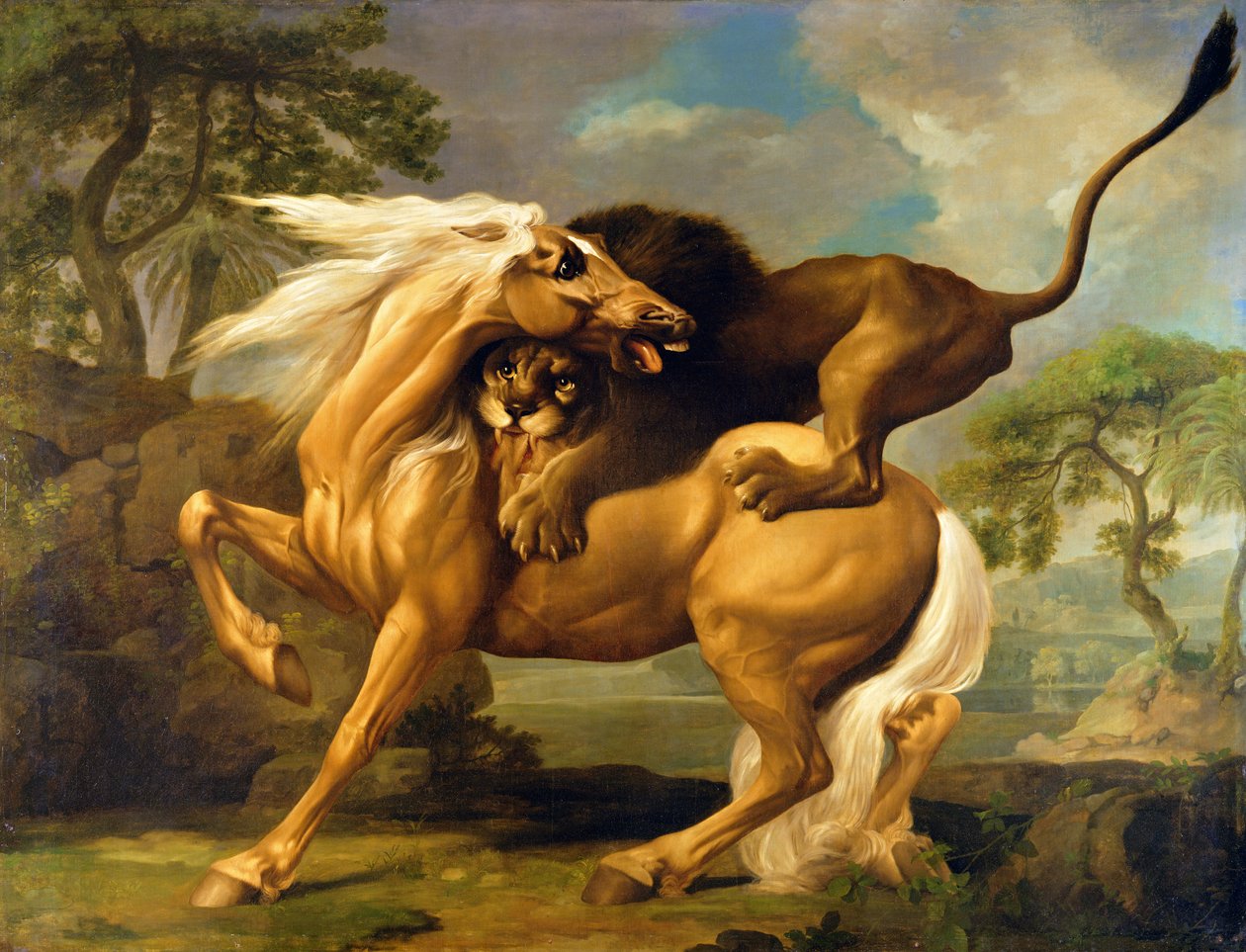 Leijona hyökkää hevosta vastaan, n. 1762 tekijältä George Stubbs