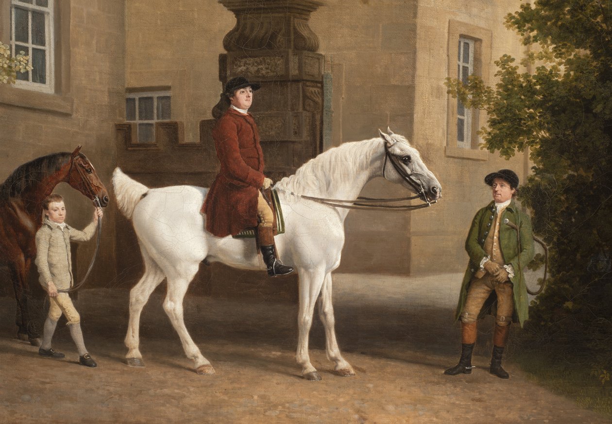 Yksityiskohta William Henry Cavendish Bentinckiltä, Portlandin 3. herttualta Welbeck Abbey Riding Stablesin edessä, 1766-7 tekijältä George Stubbs