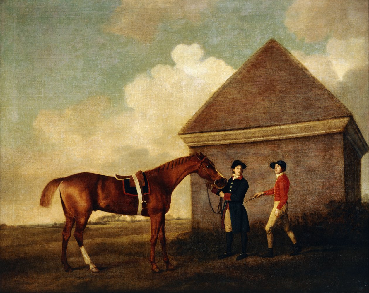"Eclipse", tumma kastanjakilpahevonen, jota pitelee sulhanen ja jockey, mahdollisesti Jack Oakley, Rubbing Down Housessa Newmarketissa, 1770 tekijältä George Stubbs
