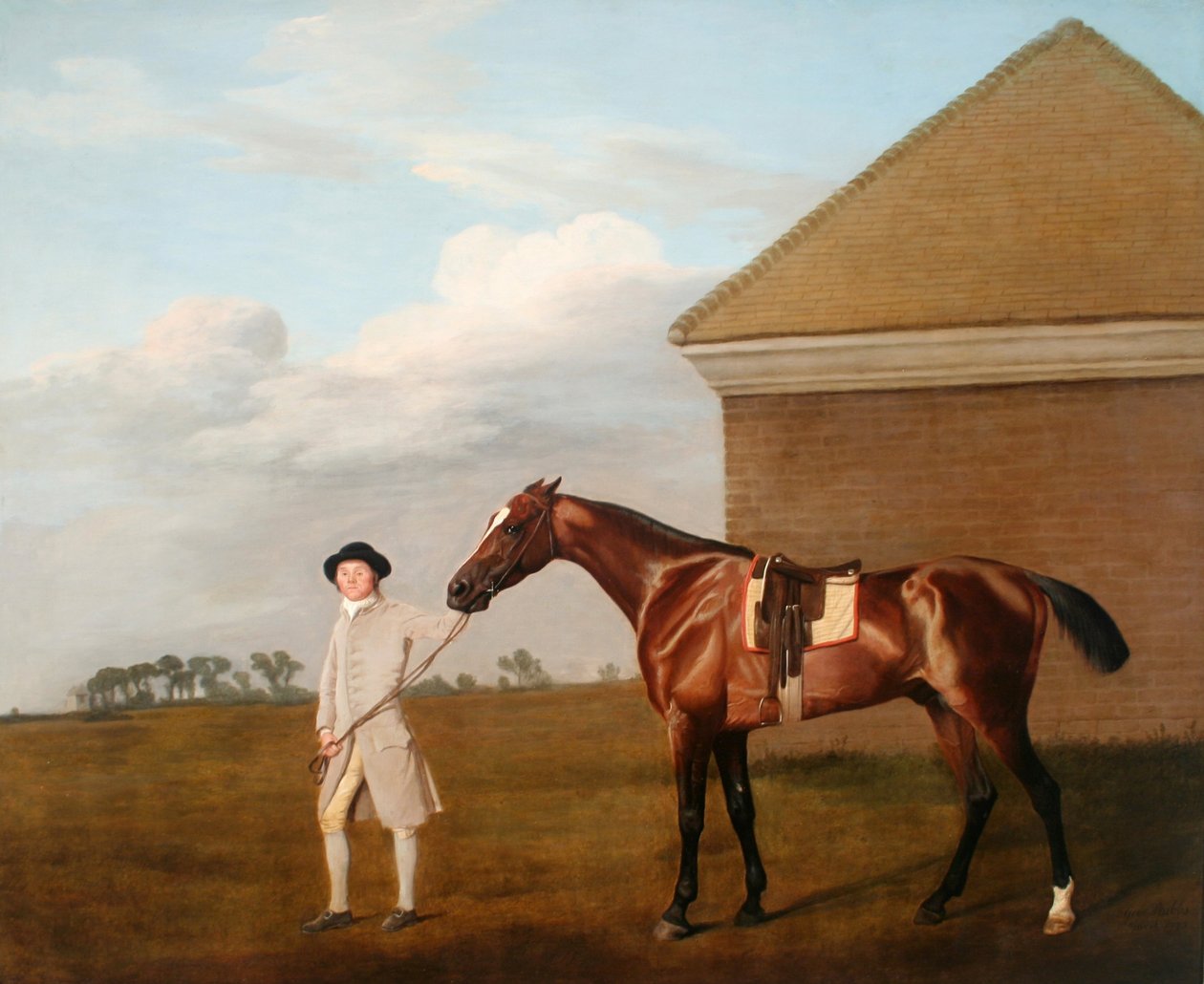 Tulipyrstö kouluttajansa kanssa Rubbing-Down Housen luona Newmarket Heathissa. Vuonna 1774 Thomas Foleyn, Esquire[2], omaisuutta. tekijältä George Stubbs