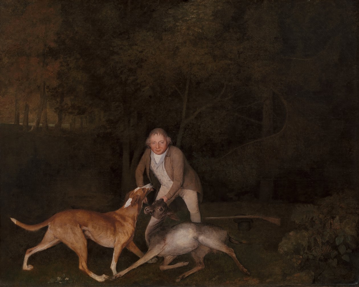 Freeman, Earl of Clarendonin riistanvartija, kuolevan hirven ja koiran kanssa, 1800. tekijältä George Stubbs