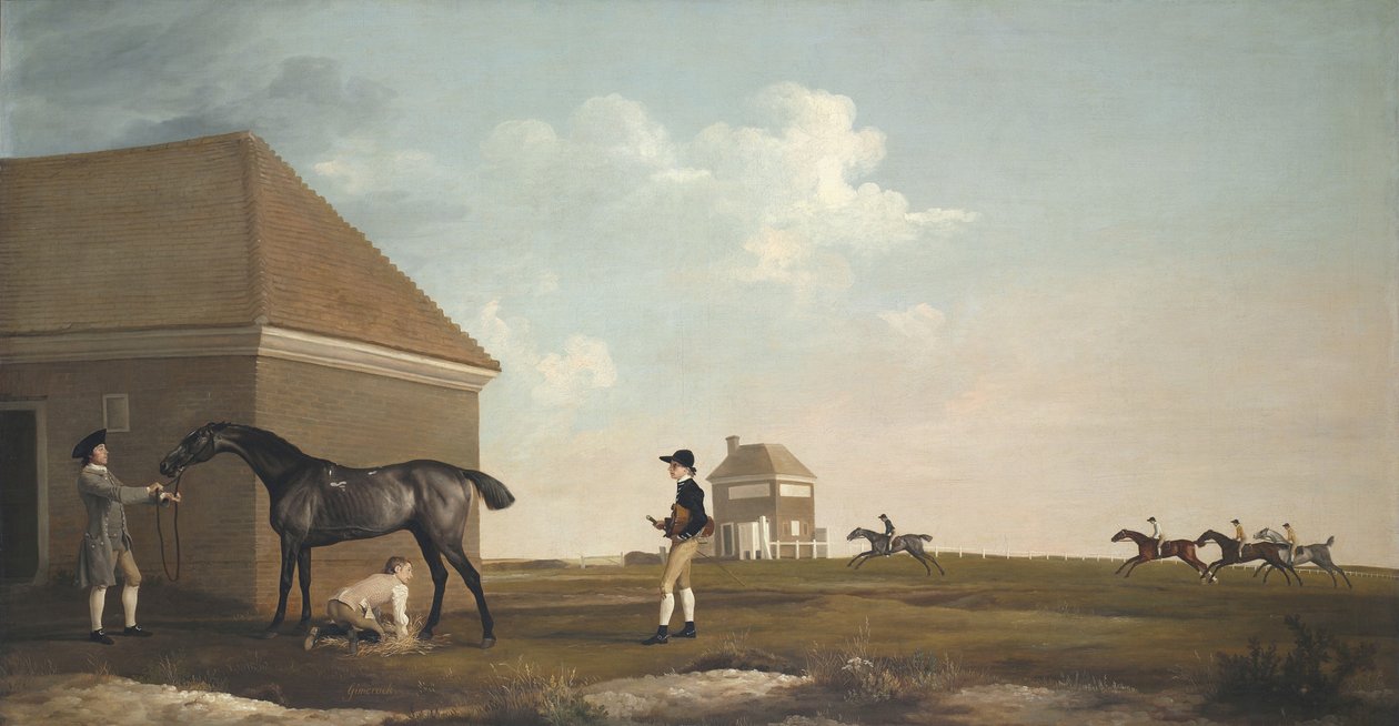 Gimcrack on Newmarket Heath, valmentajan, tallipojan ja jockeyn kanssa, 1765 tekijältä George Stubbs